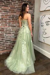 A-Line Sage Green Prom Dress Tulle Sweetheart Appliques